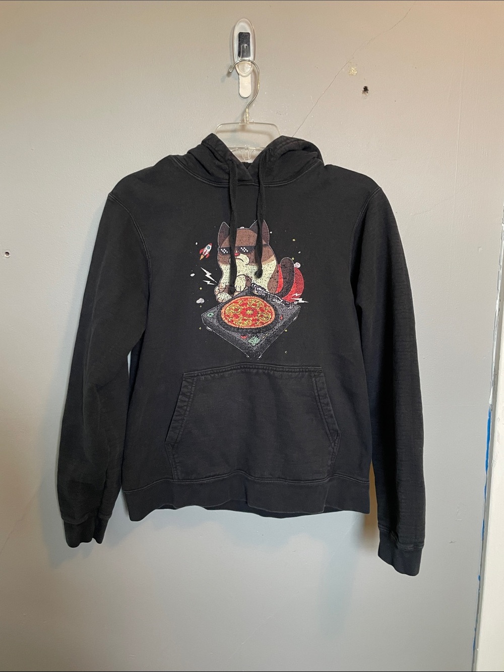 Adult Small DJ Pizza Cat Turntable Rocket Hooded sweatshirt Hoodie Funny